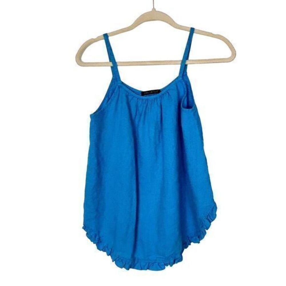 For Cynthia Blue Linen Tank Top Ruffled Trim Small Sleeveless Blouse Curved Hem